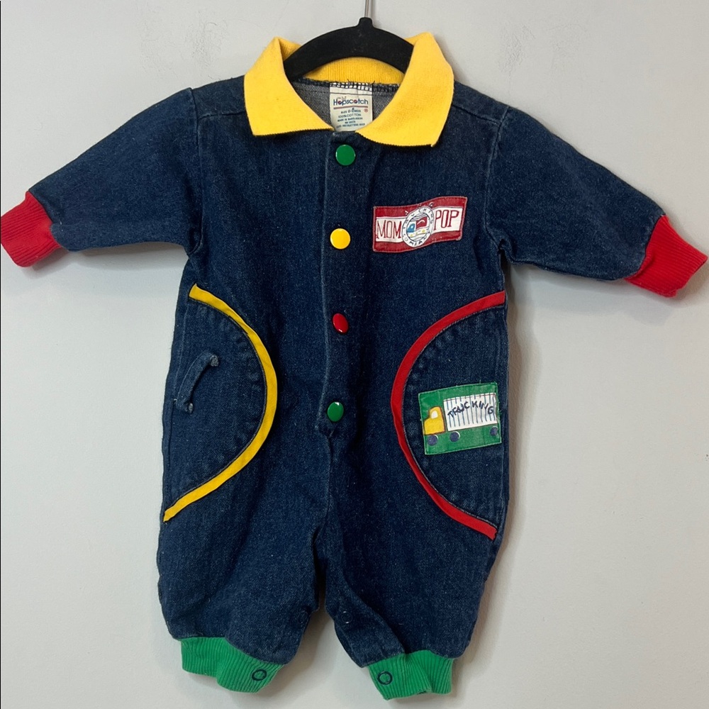 Vintage 1980'2 1990's Kids Blue‎ Denim Jumpsuit Yellow Red Green Baby 0-3 Months